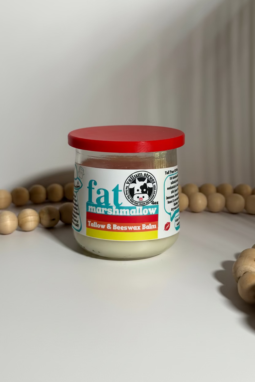 A jar of 'fat marshmallow' Tallow & Beeswax Balm with a red lid and white label, set on a white surface with wooden beads in the background.